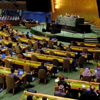 The United Nations holds a General Assembly meeting on the Russia-Ukraine conflict in New York City on March 1. The U.N. voted to suspend Russia from the human rights panel. | AFP-JIJI