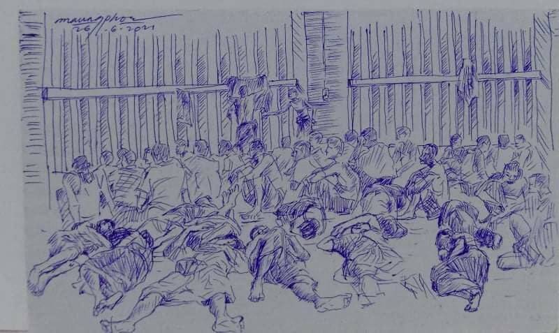 A smuggled sketch shows people inside of Myanmar's Insein prison. The artist drew the prison sketches between April and July of last year. Later released, he declined to be interviewed or identified. | REUTERS
