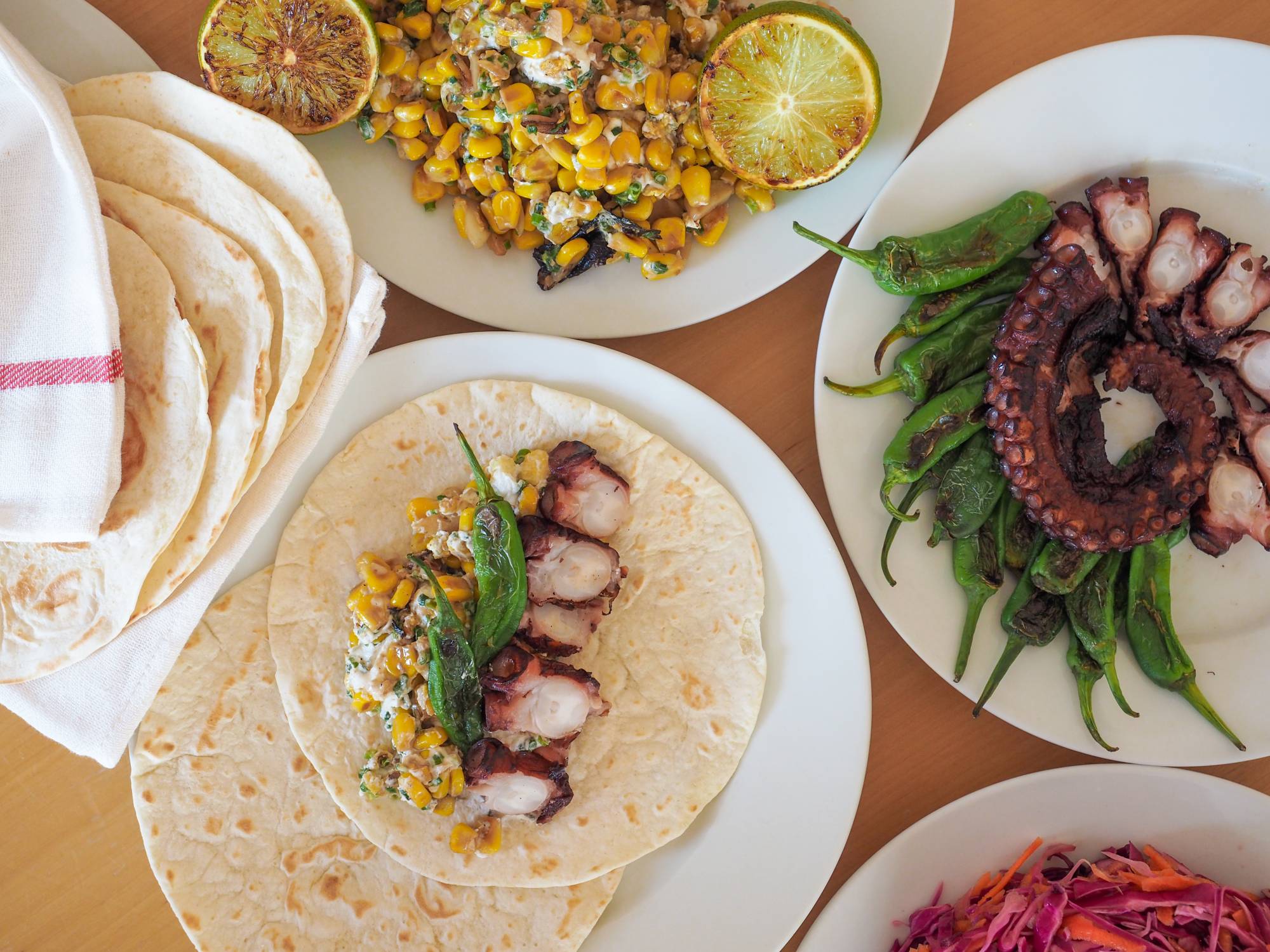 Earthy toasted corn salad and fresh octopus blend in this recipe perfect for warm weather. | Simon Daly 