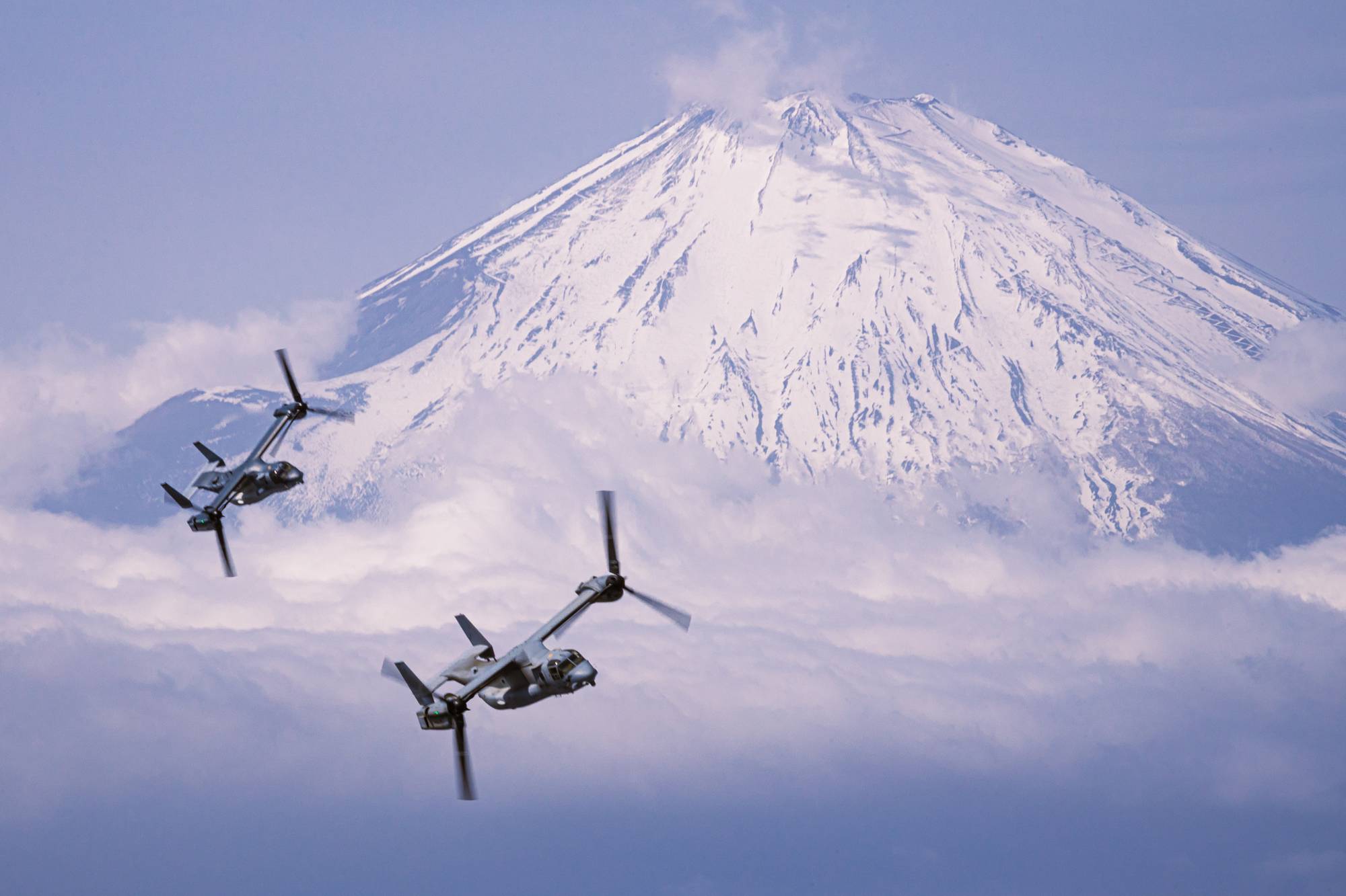 A U.S. Marine Corps MV-22B Osprey and a Ground Self-Defense Force V-22 Osprey near Mount Fuji on March 17 | U.S. MARINE CORPS