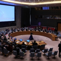 The United Nations Security Council holds a meeting on the situation amid Russia\'s invasion of Ukraine, at the United Nations Headquarters in New York, on Monday. | REUTERS