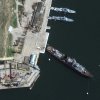 The Russian Navy\'s guided missile cruiser Moskva at port, in Sevastopol, Crimea, on April 7 | 2022 MAXAR TECHNOLOGIES / VIA REUTERS 