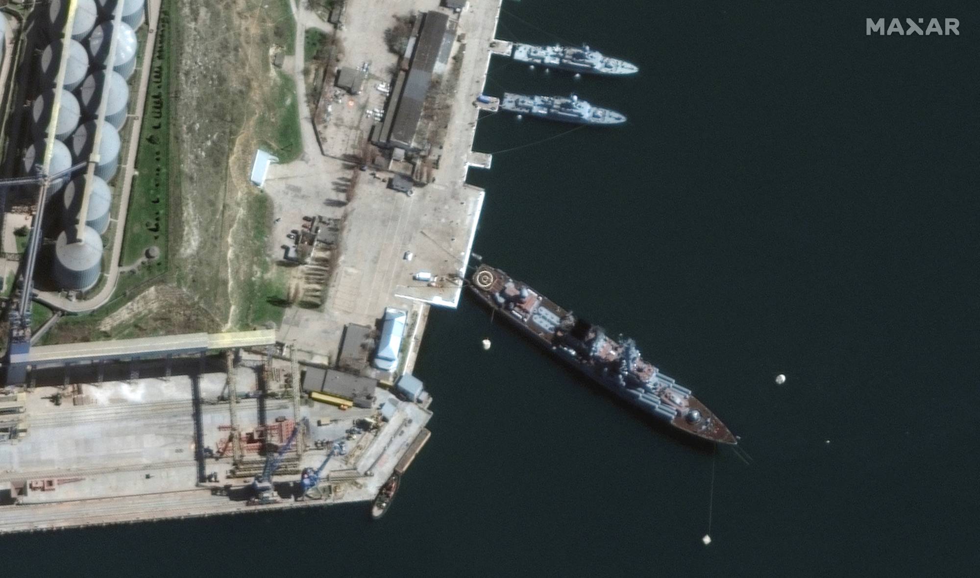 The Russian Navy's guided missile cruiser Moskva at port, in Sevastopol, Crimea, on April 7 | 2022 Maxar Technologies / via REUTERS 