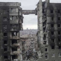 Destroyed residential buildings in the southern port city of Mariupol, Ukraine, on Thursday | REUTERS
