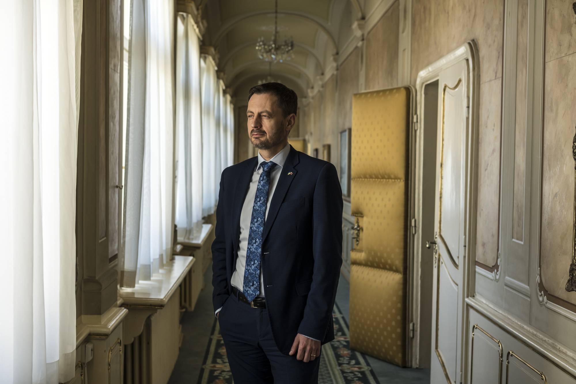 Prime Minister Eduard Heger of Slovakia, in government offices in Bratislava, April 7. Encouraged by the United States, Slovakia donated a bulky but effective S-300, hoping to challenge Russian domination of the skies in the war next door. | Brendan Hoffman / The New York Times