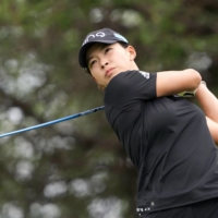 Hinako Shibuno hits her tee shot off the second hole during the final round of the Lotte Championship in Ewa Beach, Hawaii, on Saturday. | KYODO