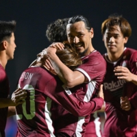 Vissel players celebrate Shion Inoue\'s (second from left) goal against Kitchee during their Asian Champions League match in Buriram, Thailand, on Tuesday. | AFP-JIJI