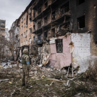 An apartment building that was destroyed by Russian missiles in the first days of the invasion in Vasylkiv, Ukraine, on March 30.  | IVOR PRICKETT / THE NEW YORK TIMES