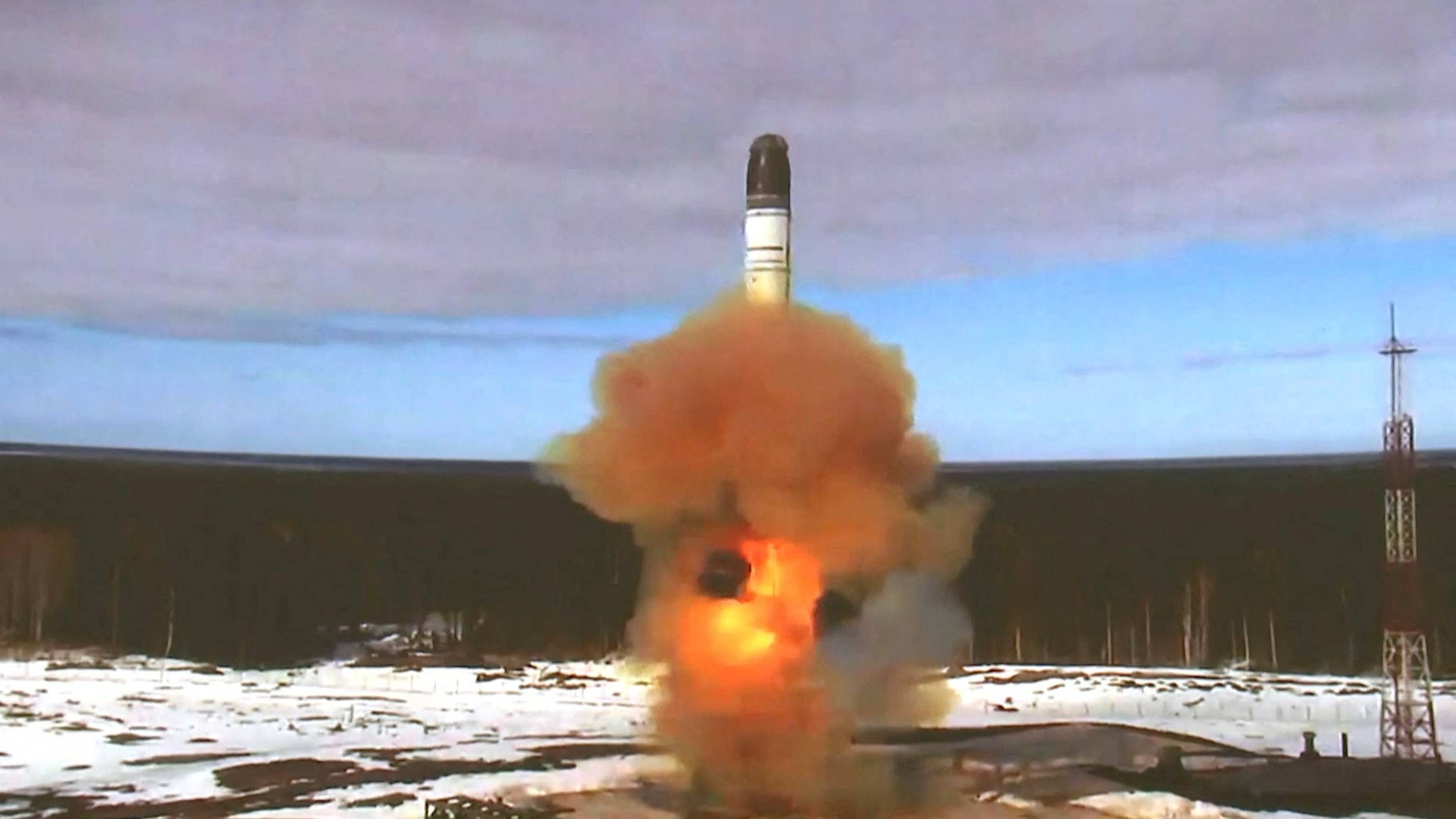 The Sarmat intercontinental ballistic missile is launched during a test at the Plesetsk cosmodrome in Arkhangelsk region, Russia, on Wednesday. | RUSSIAN DEFENSE MINISTRY / VIA REUTERS