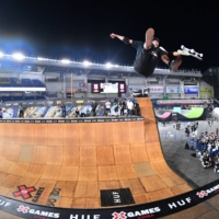 Moto Shibata competes in the X Games Chiba men\'s skateboarding vert final at Zozo Marine Stadium on Friday. He captured silver in the event.  | DAN ORLOWITZ 
