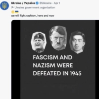 An official Ukrainian government Twitter account issued an apology after showing a picture of Japan’s wartime Emperor Hirohito alongside Adolf Hitler and Benito Mussolini in a social media video about the defeat of fascism. 