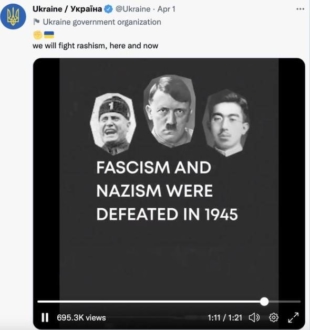 An official Ukrainian government Twitter account issued an apology after showing a picture of Japan’s wartime Emperor Hirohito alongside Adolf Hitler and Benito Mussolini in a social media video about the defeat of fascism. | 