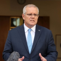 Australia\'s Prime Minister Scott Morrison gives a news conference at Parliament House in Canberra on April 10. | AFP-JIJI