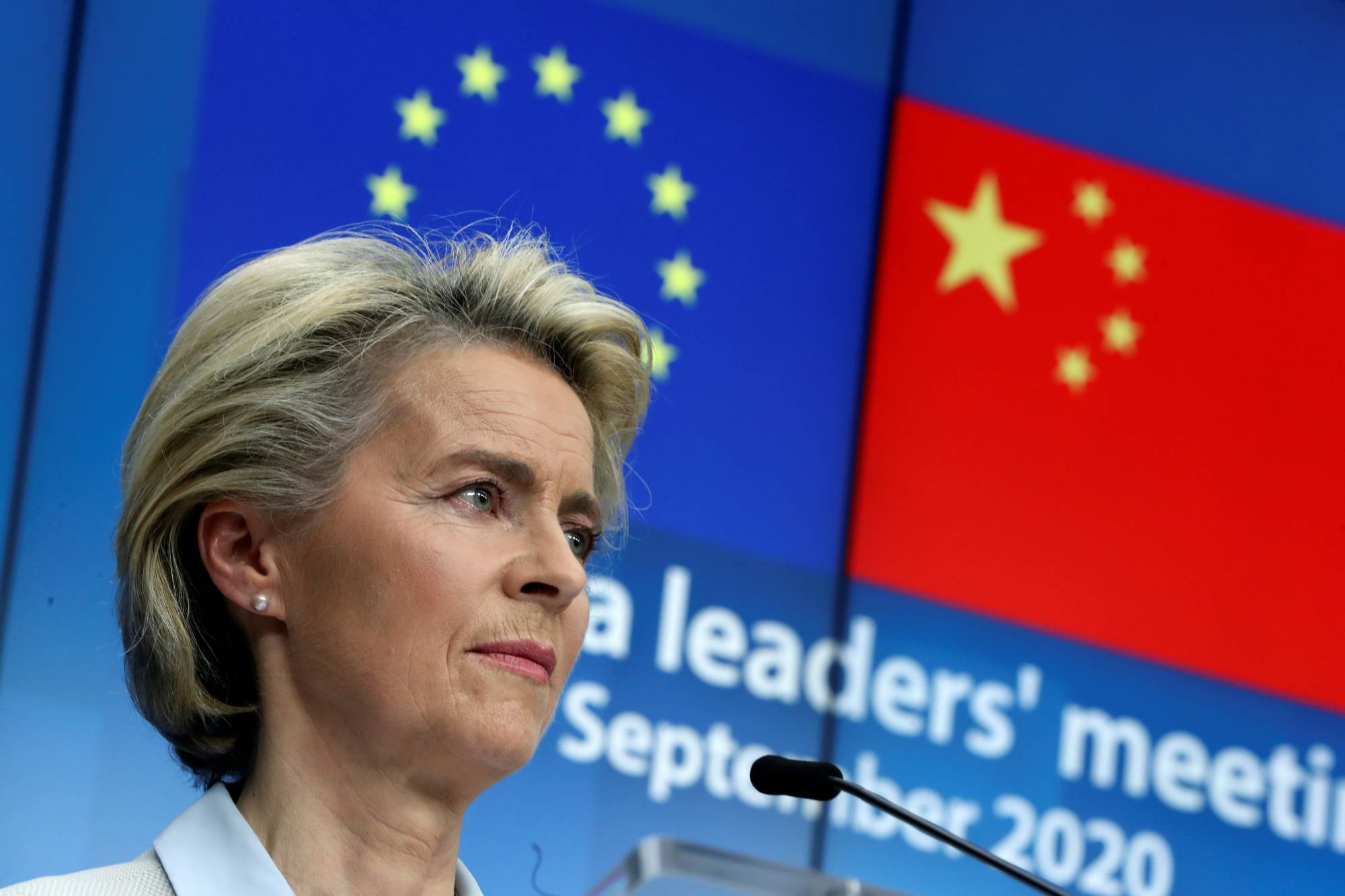 European Commission President Ursula von der Leyen holds a news conference after a virtual summit with Chinese leader Xi Jinping in Brussels in 2020. | Pool / via Reuters 