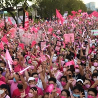 Thousands of supporters of Philippine Vice President and opposition presidential candidate Leni Robredo attend a campaign rally coinciding with her birthday in Pasay city, suburban Manila, on April 23. | AFP-JIJI