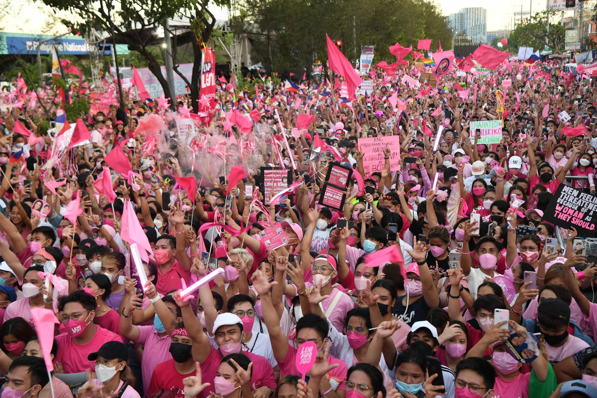 Thousands of supporters of Philippine Vice President and opposition presidential candidate Leni Robredo attend a campaign rally coinciding with her birthday in Pasay city, suburban Manila, on April 23. | AFP-Jiji