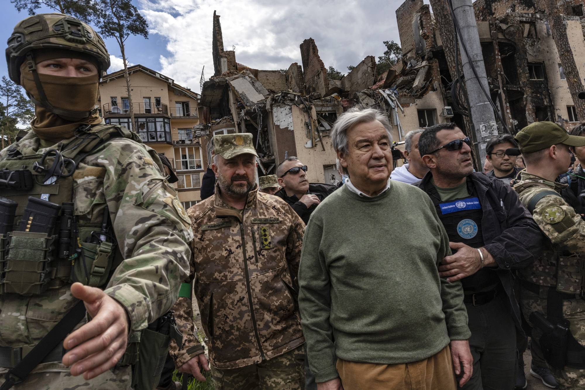 Antonio Guterres, the U.N. secretary-general, visits a destroyed area of the city of Irpin, Ukraine, on Thursday. | David Guttenfelder / The New York Times