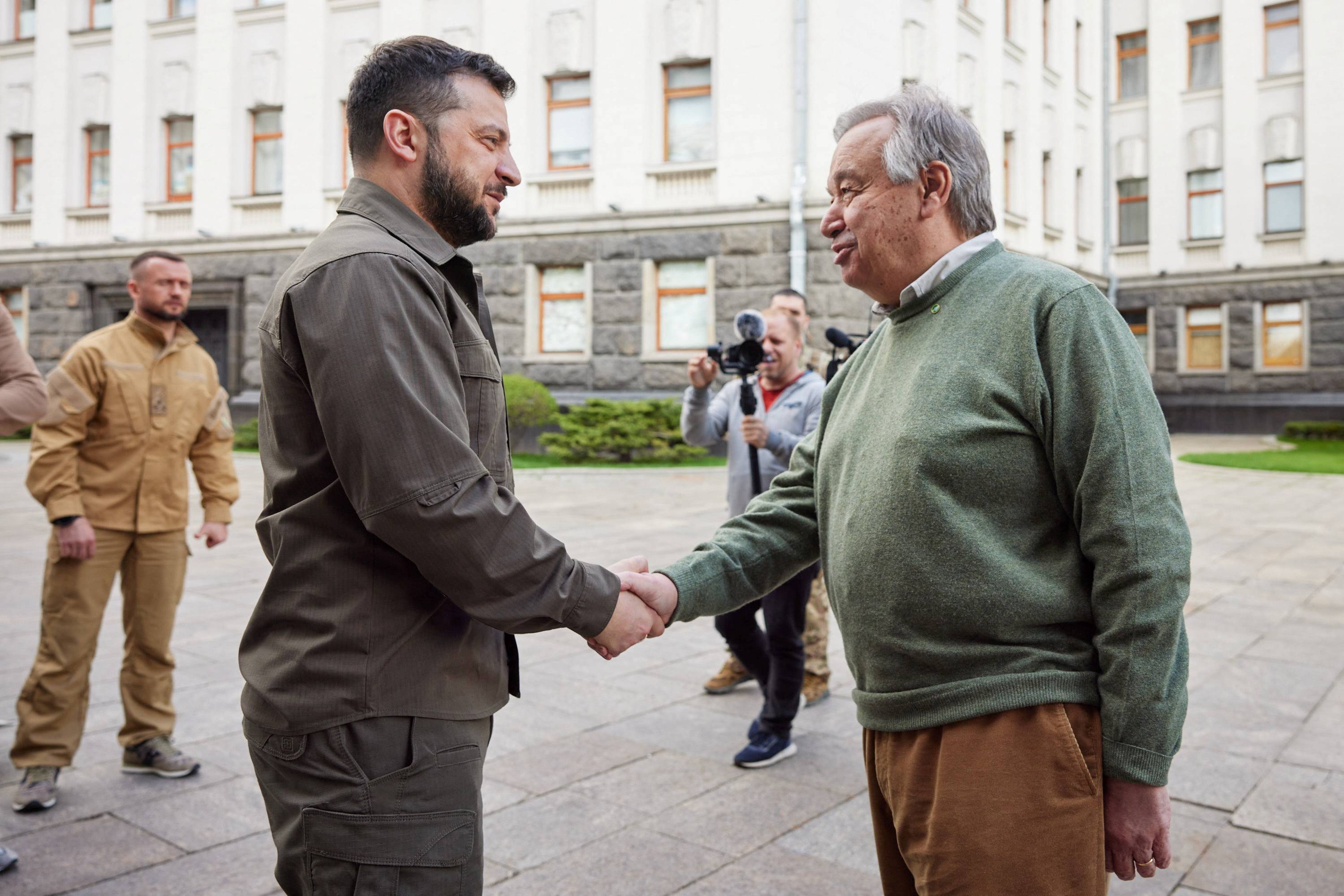 Ukrainian President Volodymyr Zelenskyy welcomes U.N. Secretary-General Antonio Guterres before their meeting in Kyiv on Thursday. | Ukrainian Presidential Press Service / via REUTERS 