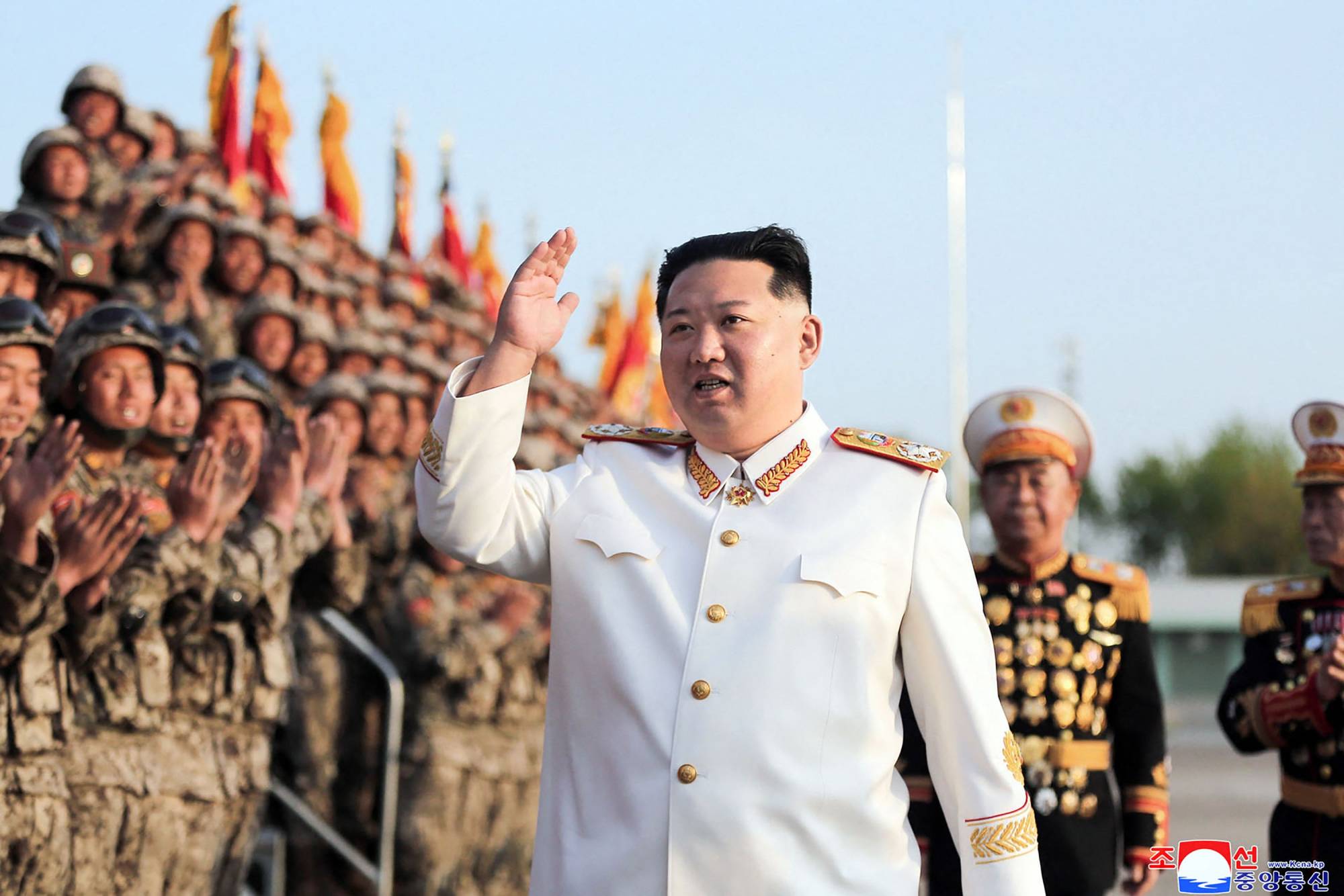 North Korean leader Kim Jong Un takes part in a ceremony to mark the 90th founding anniversary of the Korean People's Revolutionary Army in this undated photo released Friday.   | KCNA / KNS / VIA AFP-JIJI