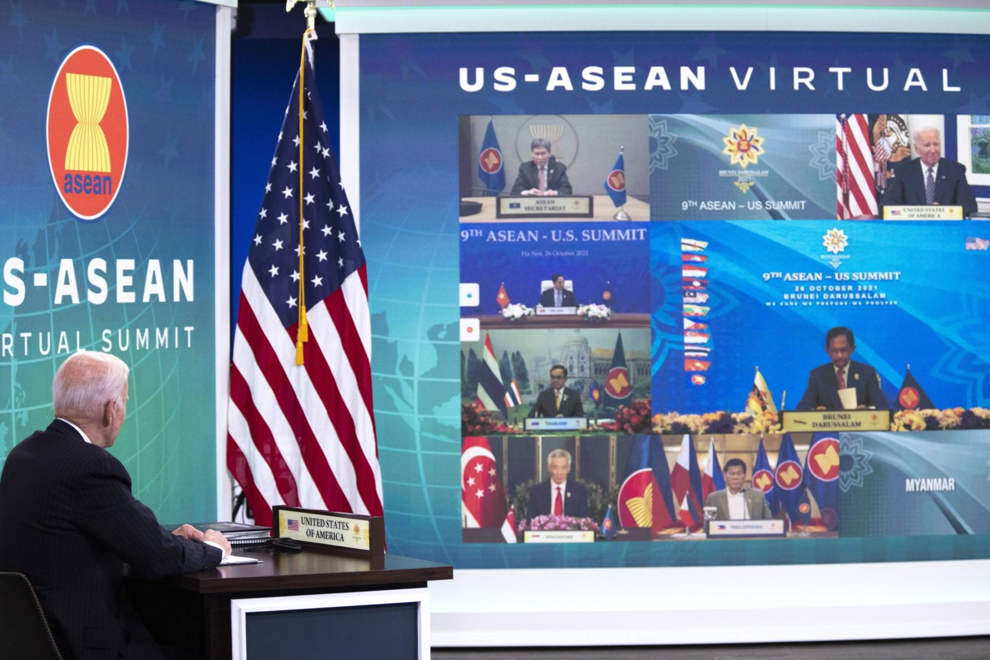U.S. President Joe Biden participates virtually during the Association of Southeast Asian Nations meeting in the Eisenhower Executive Office Building in Washington in 2021. | Bloomberg