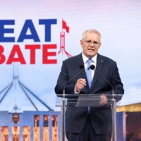 Australian Prime Minister Scott Morrison speaks during the second leaders\' debate of the 2022 federal election campaign at the Nine studio in Sydney on May 8. | POOL / VIA REUTERS