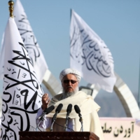Afghan Deputy Prime Minister Mawlavi Abdul Salam Hanafi speaks during a ceremony to raise the Taliban flag in Kabul in March.  | REUTERS