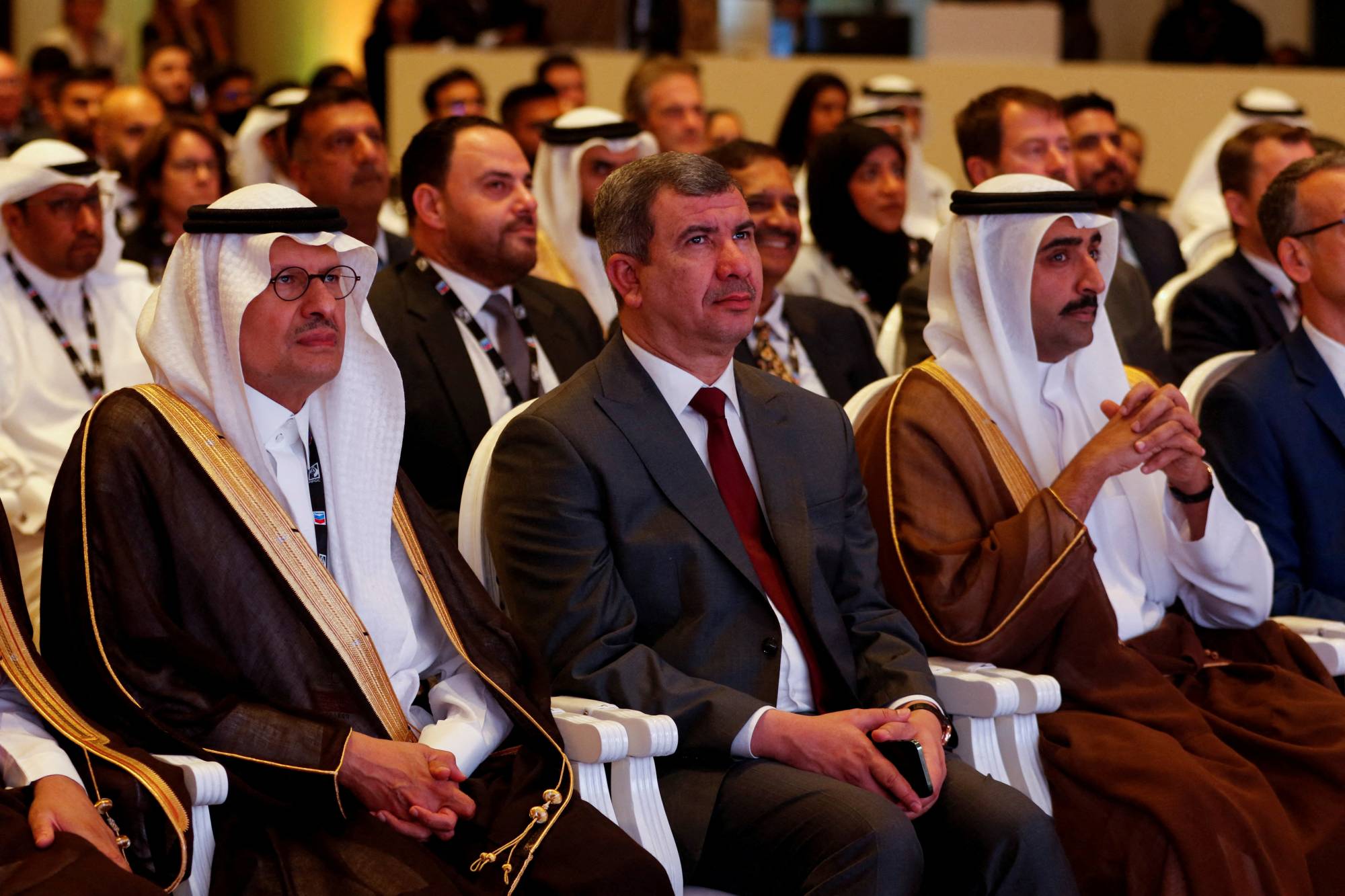 Saudi Arabia's Energy Minister, Prince Abdulaziz bin Salman al Saud (left), Iraq’s oil minister Ihsan Abdul Jabbar (center) and Bahraini Oil Minister, Sheikh Mohammed bin Khalifa al-Khalifa (right) attend the 29th Annual Middle East Petroleum & Gas Conference in Manama, Bahrain, on Monday. | REUTERS