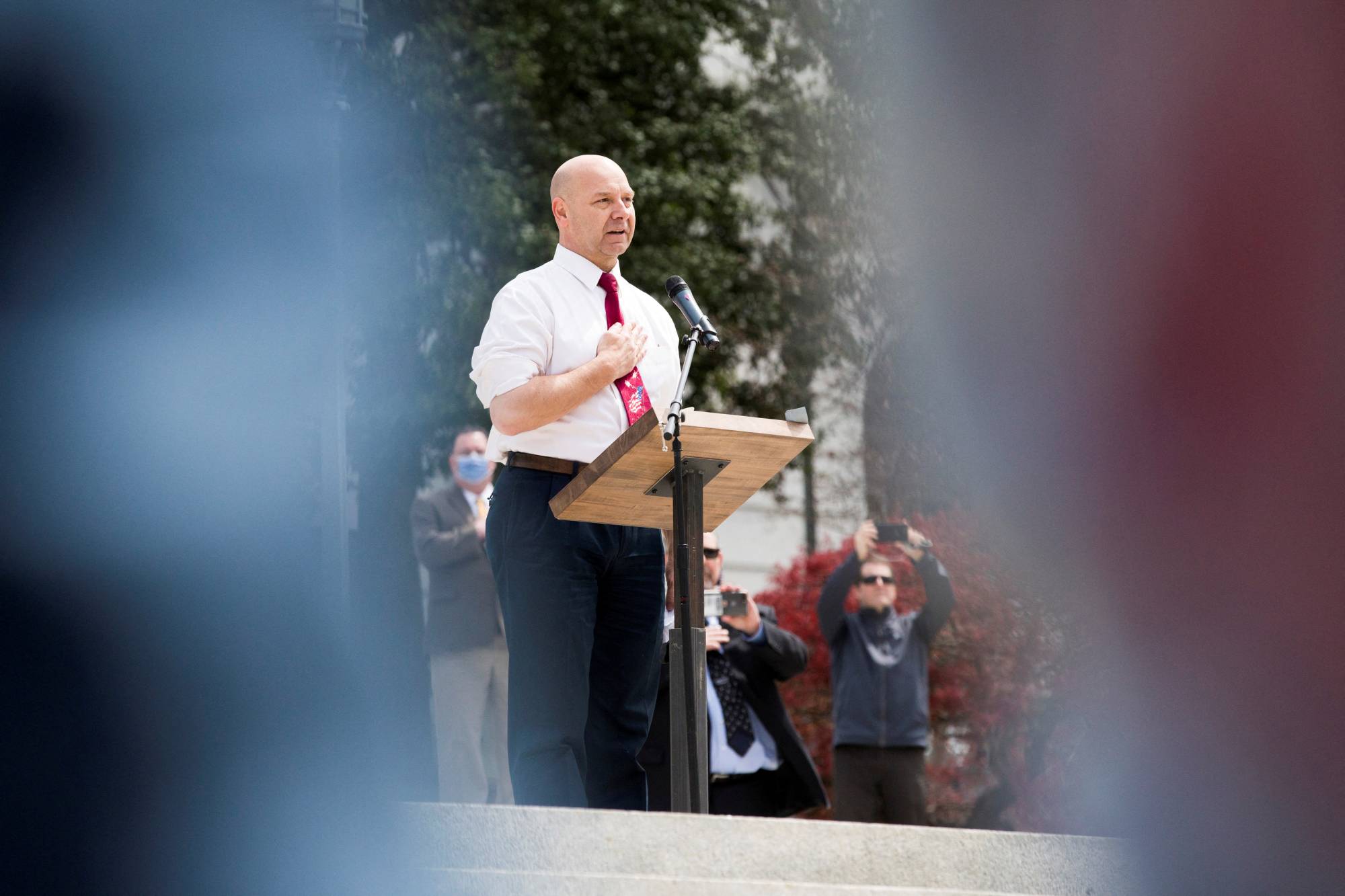 Pennsylvania State Sen. Doug Mastriano in April 2020. This March, Mastriano held a campaign event in Gettysburg at which attendees signed a petition calling on Pennsylvania to decertify the state’s 2020 results. | REUTERS