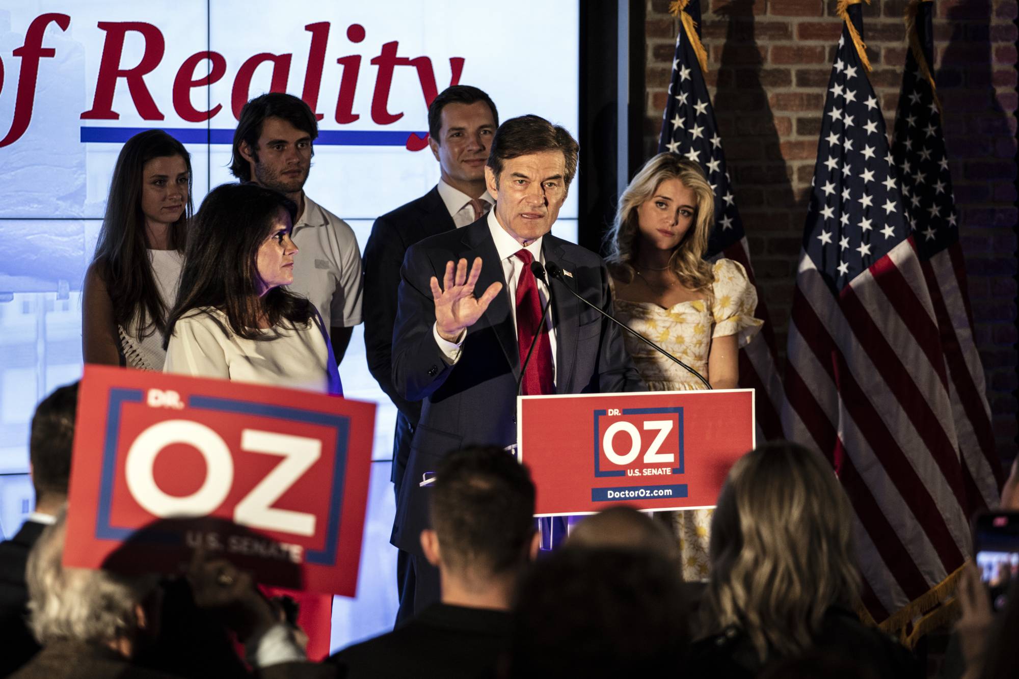 Dr. Mehmet Oz, a celebrity surgeon and Republican Senate candidate, speaks to supporters at an Election Night gathering in Newtown, Pennsylvania, on Tuesday. A high-spending primary contest between Oz and David McCormick is likely headed for a statewide recount with the race too close to call. | Bryan Anselm / The New York Times