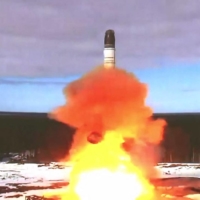 A Sarmat intercontinental ballistic missile is launched from the Plesetsk testing field in Russia on April 20.  | RUSSIAN DEFENSE MINISTRY / VIA AFP-JIJI
