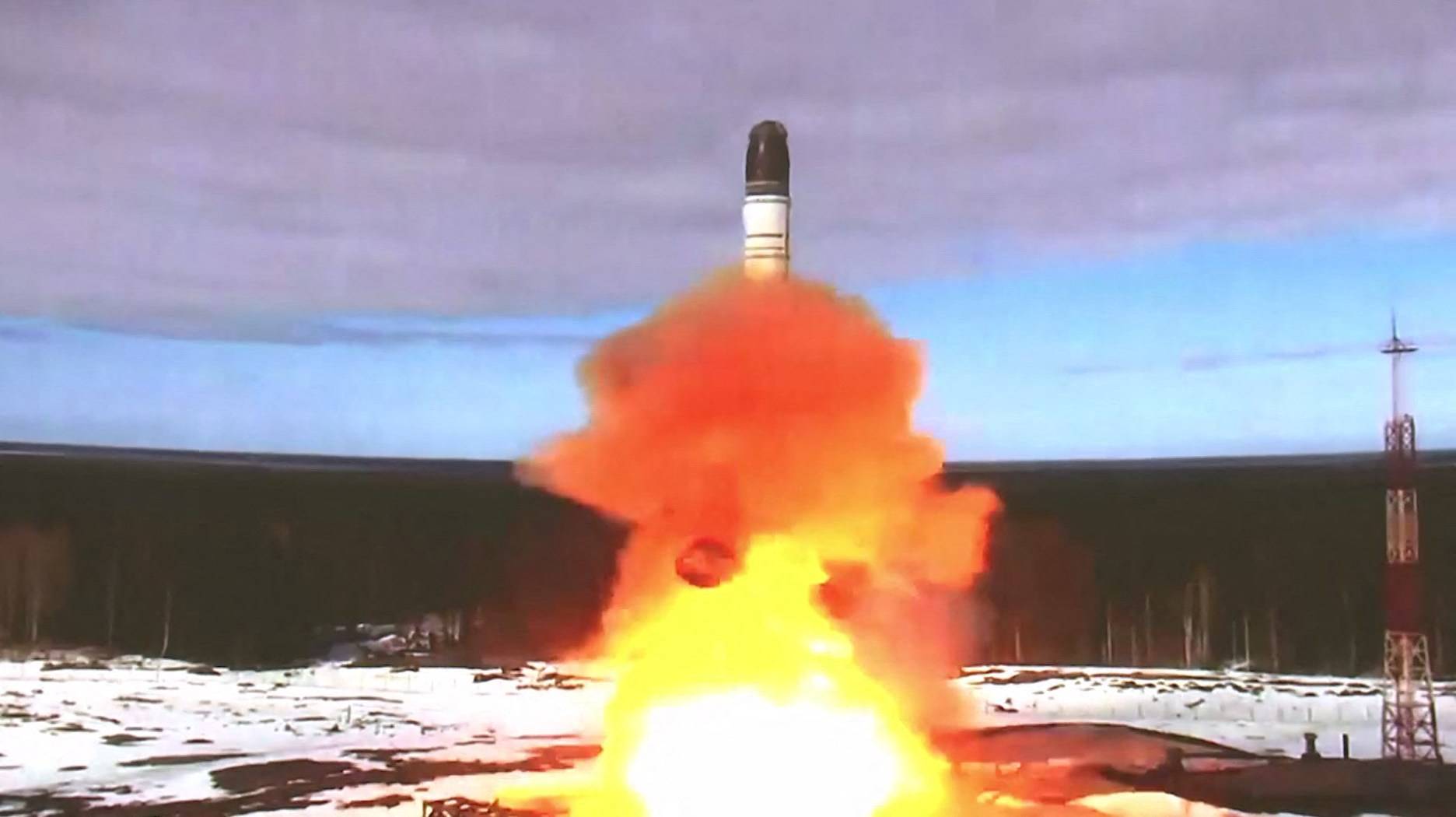 A Sarmat intercontinental ballistic missile is launched from the Plesetsk testing field in Russia on April 20. | Russian Defense Ministry / via AFP-Jiji