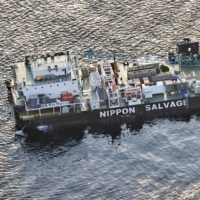 A salvage ship carries out a deep-water search of a sunken tourist boat off Hokkaido on Thursday. | KYODO