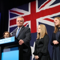Scott Morrison speaks during an election night event in Sydney on Saturday. | BLOOMBERG