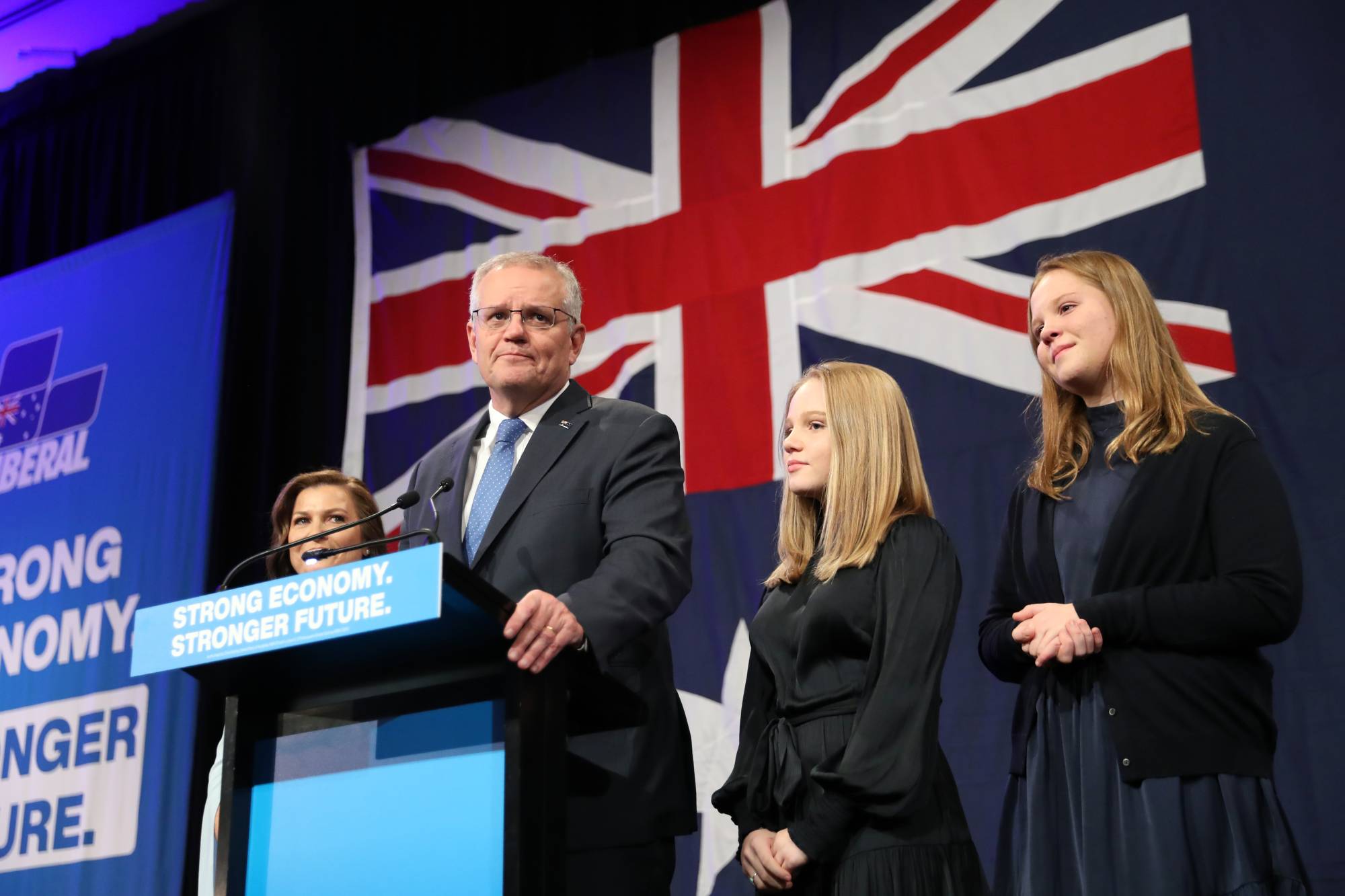 Scott Morrison speaks during an election night event in Sydney on Saturday. | Bloomberg