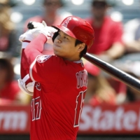 Shohei Ohtani homers against the Athletics in the first inning in Anaheim, California, on Sunday. | KYODO