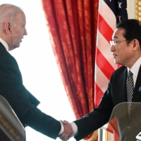 U.S. President Joe Biden and Prime Minister Fumio Kishida hold a joint news conference in Tokyo on Monday. | AFP-JIJI