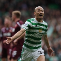Celtic\'s Daizen Maeda celebrates scoring their first goal against Heart of Midlothian at Celtic Park in Glasgow, Scotland, on May 7. | REUTERS
