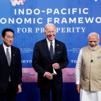 U.S. President Joe Biden, Indian Prime Minister Narendra Modi and Prime Minister Fumio Kishida attend the Indo-Pacific Economic Framework for Prosperity launch event at Izumi Garden Gallery in Tokyo on Monday. | REUTERS