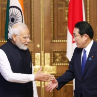 Prime Minister Fumio Kishida and his Indian counterpart Narendra Modi in Tokyo on Tuesday. The two leaders pledged to deepen bilateral relations in economic, cultural and other realms. | KYODO