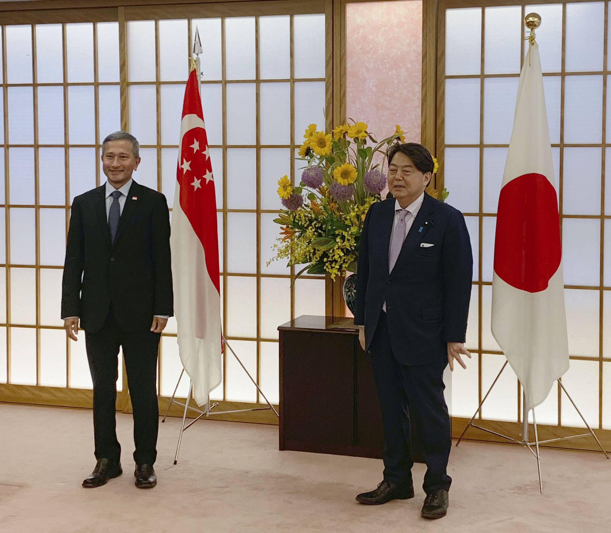 Foreign Minister Yoshimasa Hayashi (right) and his Singaporean counterpart Vivian Balakrishnan hold talks in Tokyo on Wednesday. | KYODO