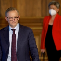 Australian Prime Minister Anthony Albanese and Foreign Minister Penny Wong arrive for a bilateral meeting with Prime Minister Fumio Kishida (not pictured), in Tokyo on Tuesday. | POOL / VIA REUTERS