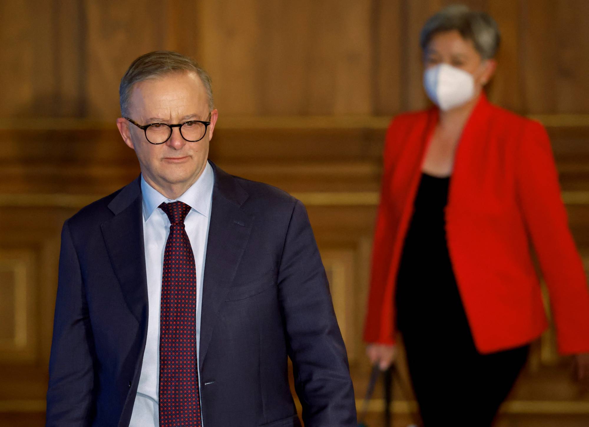 Australian Prime Minister Anthony Albanese and Foreign Minister Penny Wong arrive for a bilateral meeting with Prime Minister Fumio Kishida (not pictured), in Tokyo on Tuesday. | Pool / Via Reuters