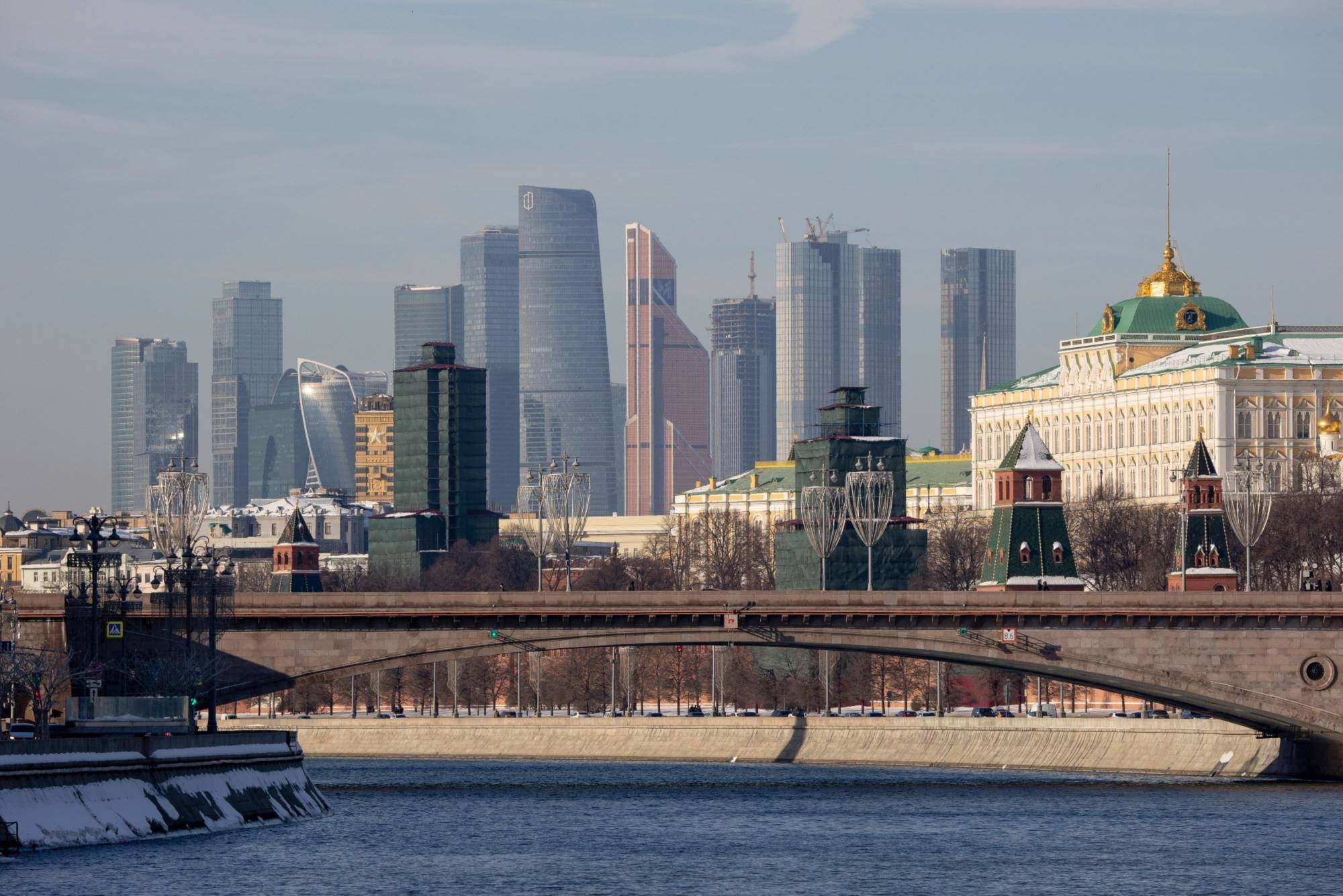 The Moscow International Business Center (MIBC), also known as Moscow City, and the Grand Kremlin palace (right) in February 2022. | Bloomberg
