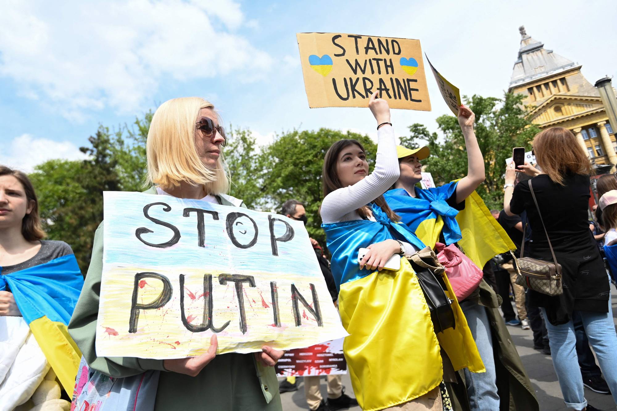 Demonstrators protest against Russia's aggression and war in Ukraine, in downtown Budapest on April 30. | AFP-Jiji