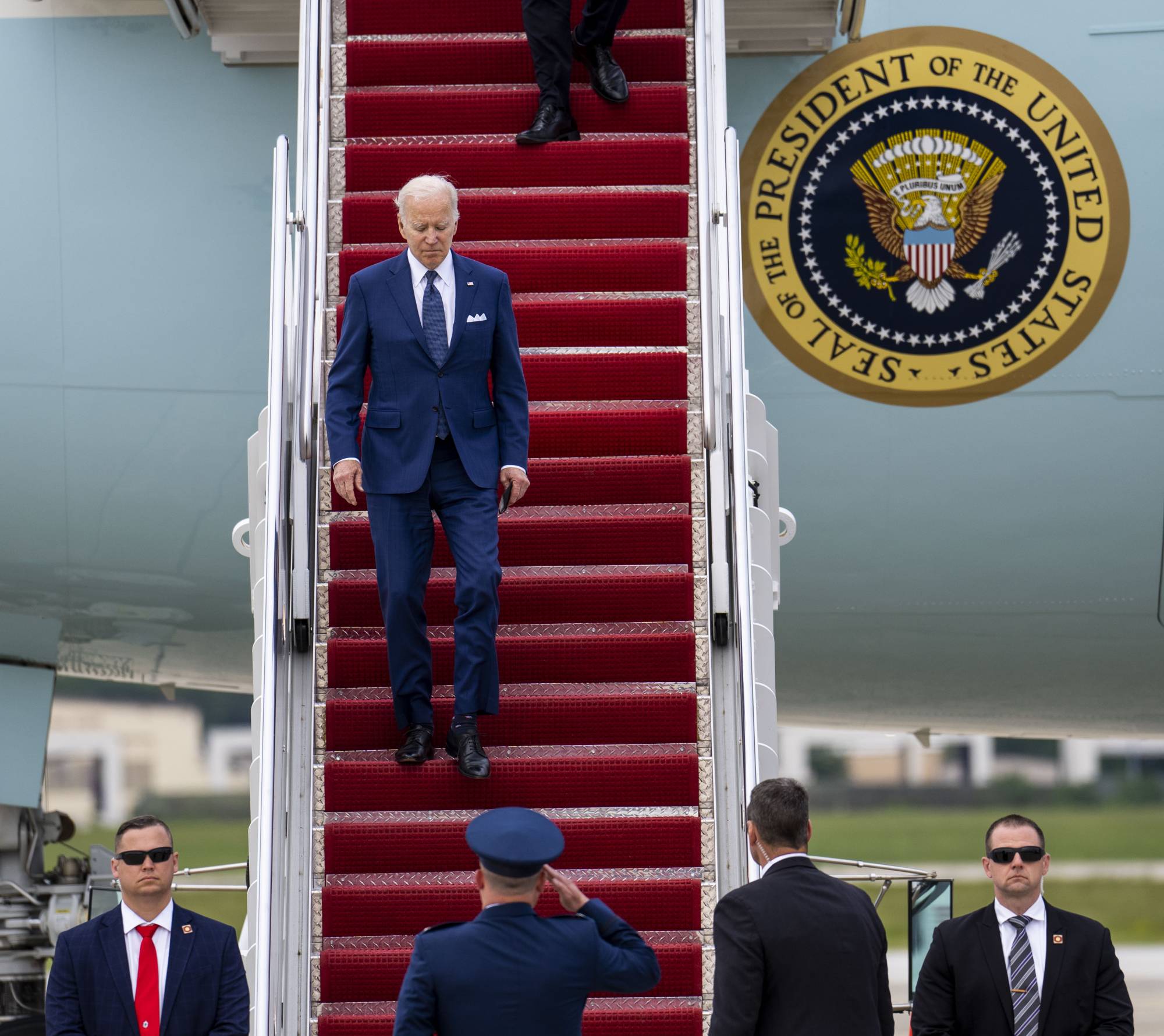 U.S. President Joe Biden disembarks Air Force One at Joint Base Andrews in Maryland on Tuesday.For the Biden administration, what began as an effort to make sure Russia did not have an easy victory over Ukraine is now sees a chance to punish Russian aggression, weaken Putin, shore up NATO. | Doug Mills / The New York Times