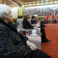 Janet Yellen, then the chair of the U.S. Federal Reserve, attends a meeting in Beijing in 2014. In Yellen’s view, picking economic partners that adhere to core sets of values and principles is key to effective cooperation. | REUTERS 