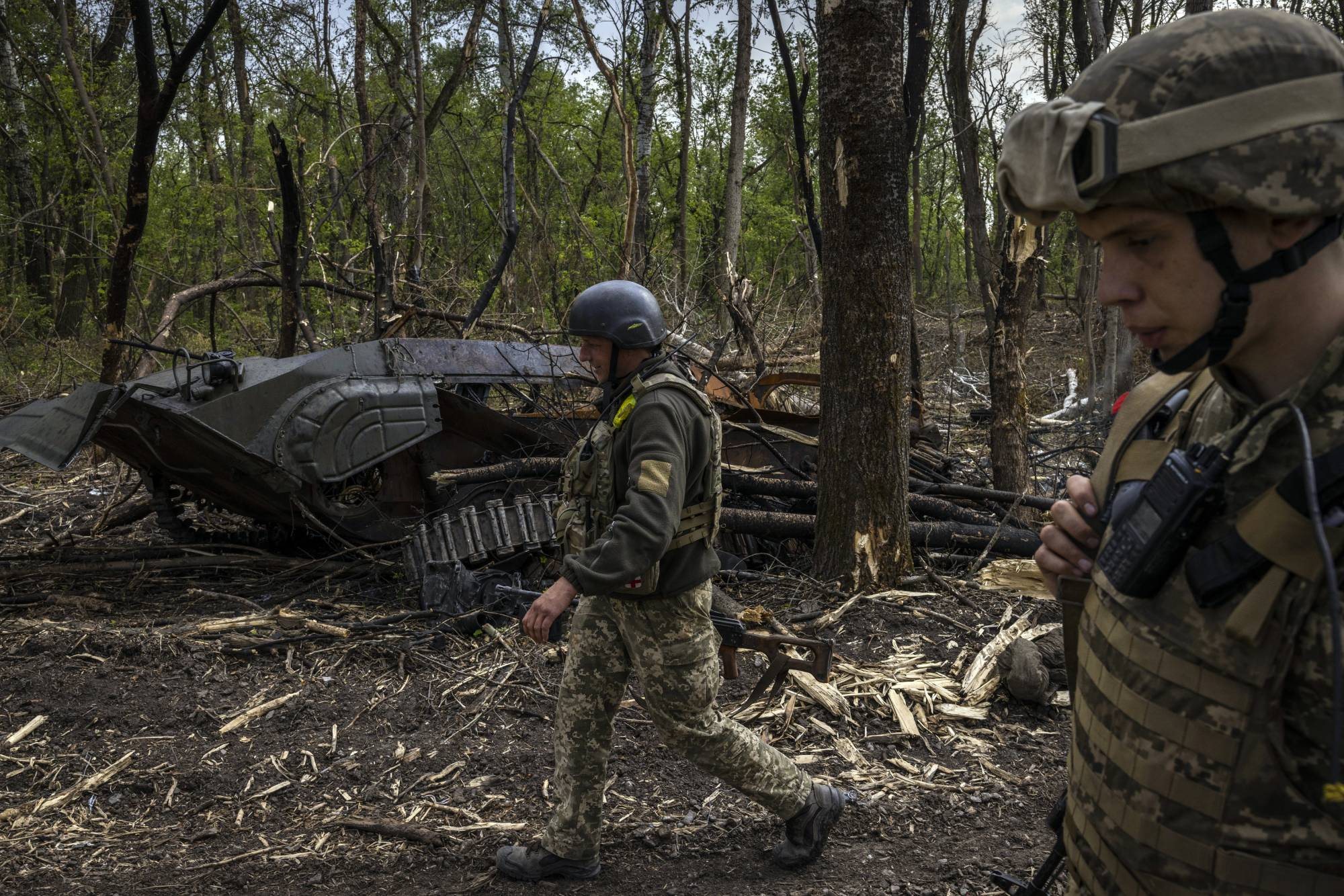 Destroyed Russian armored vehicles not far from the Seversky Donets River near Sievierodonetsk, Ukraine, on Wednesday. | Ivor Prickett / The New York Times