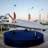A Bayraktar TB2 unmanned combat aerial vehicle is exhibited at the Teknofest aerospace and technology festival in Baku, Azerbaijan on Friday. | REUTERS