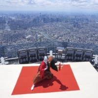 Kabuki actor Ichikawa Ebizo performs on top of Tokyo Skytree on the 10th anniversary of its opening, on May 22. | KYODO