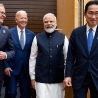 Australian Prime Minister Anthony Albanese, U.S. President Joe Biden, Indian Prime Minister Narendra Modi and Prime Minister Kishida Fumio arrive for their meeting during the Quad Leaders Meeting in Tokyo on Tuesday. | AFP-JIJI